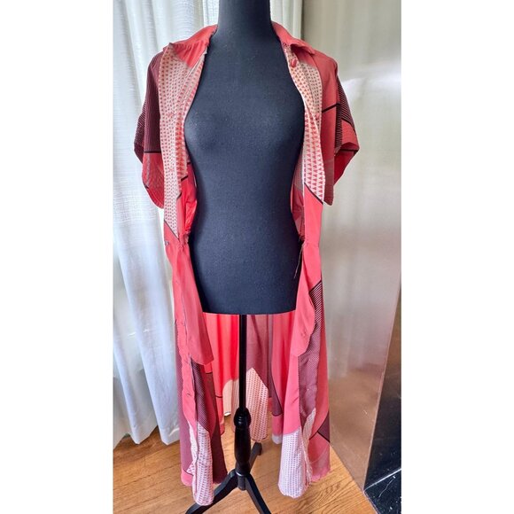 Vintage 80s shirtdress, coral, peach geometric print, batwing short sleeves - Picture 8 of 9